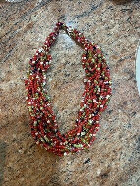 Multistrand Red Seed Bead Necklace with Green & White Accents